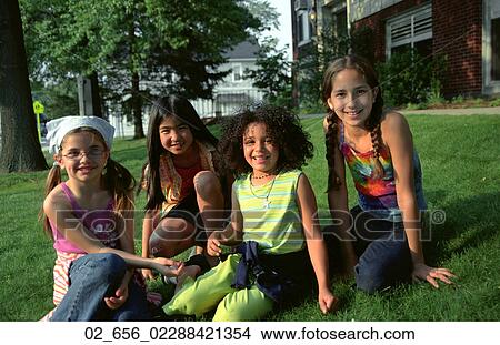 Picture - Playing, Relaxing, Outside, Spring, Child, Girls, Friends. Fotosearch