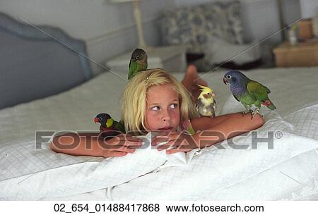 Stock Photo - Relaxing, Child, Inside, Bedroom, Pet, Bed, Bird. Fotosearch