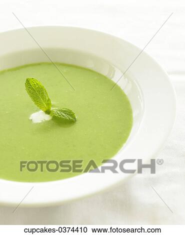 Stock Image - Soup, Pea, Green, Herbs, White, Bowl. Fotosearch