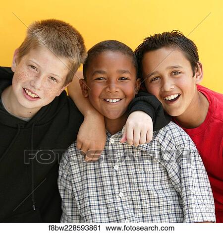 Stock Image - Boys, Friends, Happy, Smiling, Eye, Contact. Fotosearch