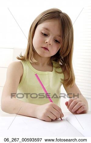 Stock Photo - girl, pencil, paper, writing. Fotosearch