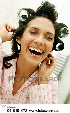 hair, rollers, Woman, Laughing, Inside, Home View Large Photo Image Stock Photo - hair, rollers, Woman, Laughing, Inside, Home. Fotosearch