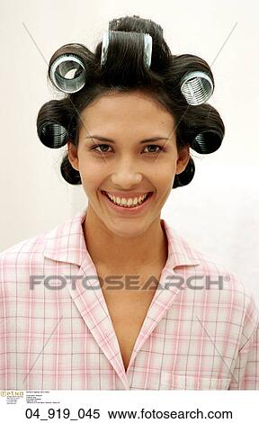 Stock Photography - hair, rollers, Woman, Smiling, Portrait, Happy. Fotosearch