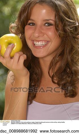 happy, brunette, park, summer, smile, smiling, eating, apple View Large Photo Image Stock Image - happy, brunette, park, summer, smile, smiling, eating, apple. Fotosearch