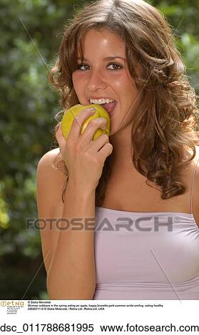 happy, brunette, park, summer, smile, smiling, eating, apple View Large Photo Image Stock Photography - happy, brunette, park, summer, smile, smiling, eating, apple. Fotosearch