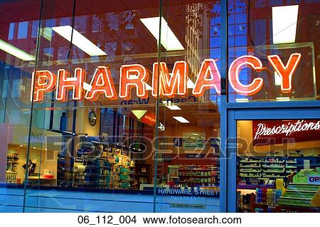 Picture - shop, neon, light, prescription, drugs. Fotosearch