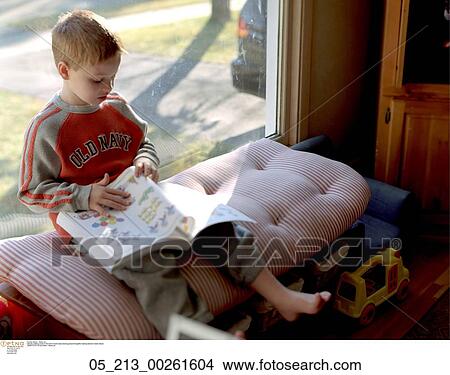 Picture - Studying, Bedroom, Boy, Child, Inside, Spring, Barefoot. Fotosearch