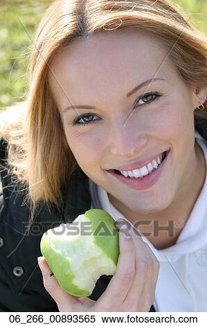 woman, portrait, eating, apple View Large Photo Image Stock Photography - woman, portrait, eating, apple. Fotosearch