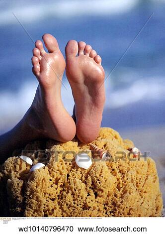 Stock Image - generic feet, vertical image, summer, solo, soles, outdoors. Fotosearch