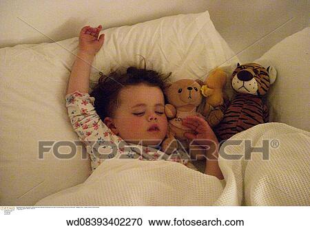 Stock Image - solo, families, teddybears, toddler, under 2 years, sleeping, asleep. Fotosearch