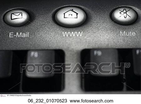 Stock Image - Computer keyboard e-mail home mute communication symbols internet black Still life inside message multimedia. Fotosearch