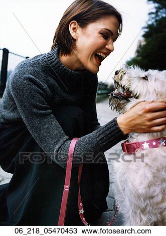 woman, portrait, happy, outside, dog, walk, smiling View Large Photo Image Stock Image - woman, portrait, happy, outside, dog, walk, smiling. Fotosearch