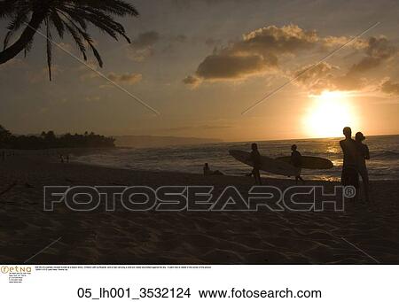 Still life of a partialy clouded sunset at a beach shore. Children with surfboards and a man carrying a child are visible silouhetted against the sky. A palm tree is visible in the corner of the picture. View Large Photo Image Picture - Still life of a partialy clouded sunset at a beach shore. Children with surfboards and a man carrying a child are visible silouhetted against the sky. A palm tree is visible in the corner of the picture.. Fotosearch