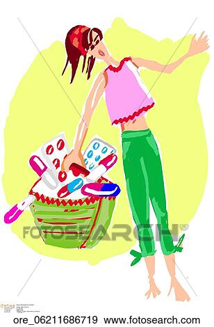 Stock Photo - Woman holding basket full of medication . Fotosearch