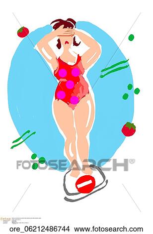 Picture - Woman on scale hiding her eyes with her hands. Fotosearch