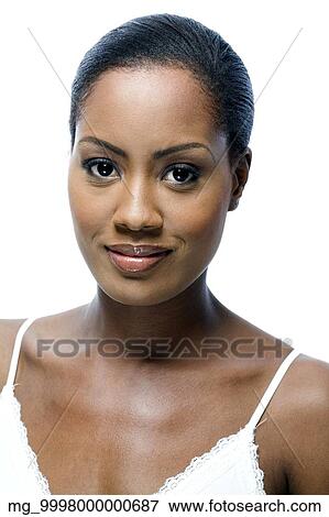 Stock Photo - A headshot of a young african american woman in a white tank top.. Fotosearch