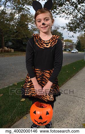 A young girl on the sidewalk on the quest for more halloween candy. She is dressed as a cat in a black unitard and tights with a animal print fur trim collar and skirt. She uses makeup to a cat noses and whiskers and costume ears. She is holding a pump View Large Photo Image Stock Photograph - A young girl on the sidewalk on the quest for more halloween candy. She is dressed as a cat in a black unitard and tights with a animal print fur trim collar and skirt. She uses makeup to a cat noses and whiskers and costume ears. She is holding a pump. Fotosearch