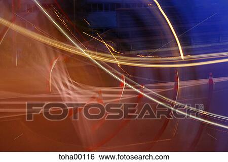 Stock Photograph - evening, night, time exposure, bulb exposure, blue, yellow, redly. Fotosearch