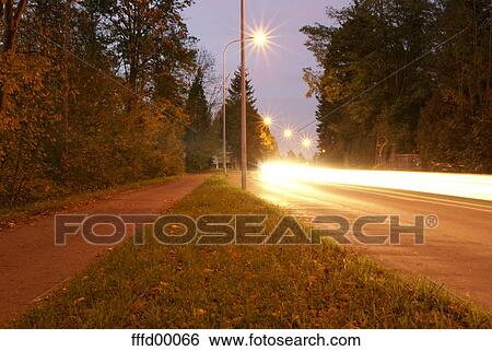 night photograph, street lights, road, street, trees, firs, forest View Large Photo Image Stock Photograph - night photograph, street lights, road, street, trees, firs, forest. Fotosearch