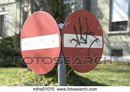 Stock Image - one-way, signs, shields, boards, round, circle. Fotosearch