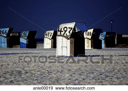 Stock Photo - rents, beach chair, way in, sand, beach, North Sea, evening. Fotosearch