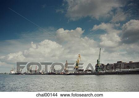 Picture - sea, port, ship, summer, july, river. Fotosearch