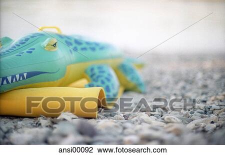 Stock Image - stones, beach, banks, crocodile, rubber toy, mouth, airbed. Fotosearch