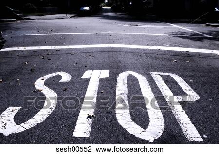 Stock Image - stop, marking, traffic regulation, rule, road surface, traffic route, flow regulation. Fotosearch