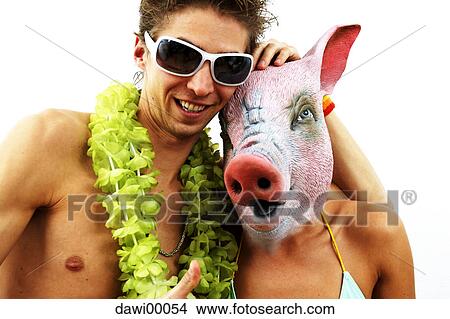 Picture - symbol of luck, pig, bikini, mask, easy-going, mask of a pig, woman. Fotosearch