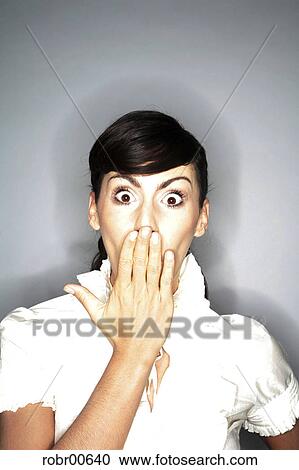 Stock Image - woman, fear, scary, shout, expression, mimic, gesticulation. Fotosearch