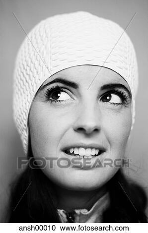 bathing cap, dark hair, fashion, flat, open space, portrait, woman View Large Photo Image Stock Image - bathing cap, dark hair, fashion, flat, open space, portrait, woman. Fotosearch