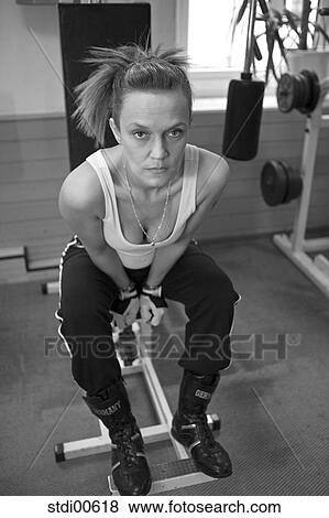 Stock Photo - build-up of muscles, teddy, strength training, bodybuilding, woman, portrait, arms. Fotosearch