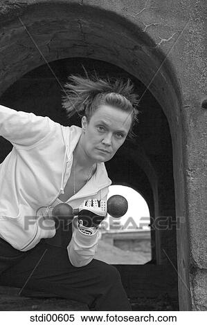 Stock Photography - build-up of muscles, teddy, strength training, bodybuilding, woman, portrait, arms. Fotosearch