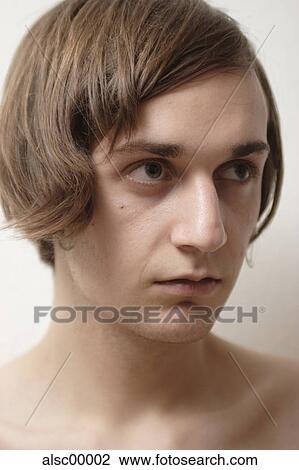 Stock Image - Close, portrait, teenager, pimple, side parting, blur, collarbone. Fotosearch