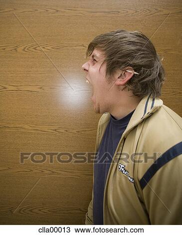 Stock Image - dark hair, short hair, open mouth, shirt, young, jacket. Fotosearch