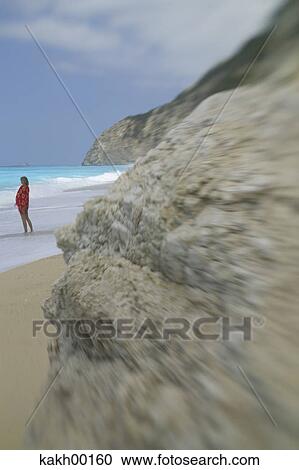 Stock Image - lonely, beach, lonesome, isolation, woman, person. Fotosearch