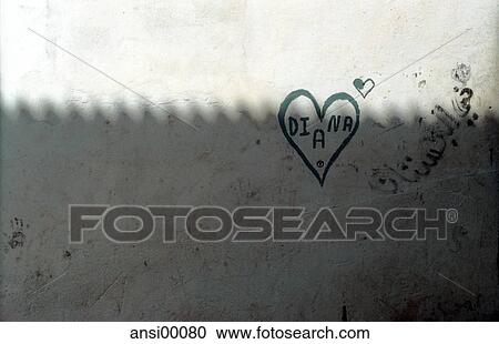 Stock Image - outdoor shot, graffiti, in loving memory, Memorial, Mural, Princess of Wales, Royalty. Fotosearch