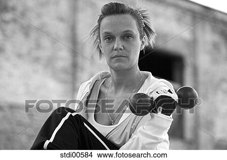 Picture - teddy, bodybuilding, woman, arms, strength training, build-up of muscles, portrait. Fotosearch
