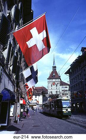 Flags and Tram Spital Gasse Bern Switzerland View Large Photo Image Picture - Flags and Tram Spital Gasse Bern Switzerland. Fotosearch