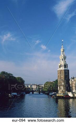 Picture - Montenblanntower Canal Amsterdam Netherlands. Fotosearch
