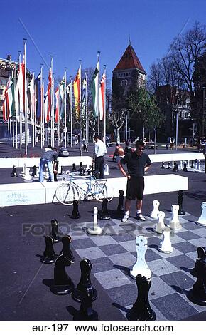 Stock Photo - Open Air Chess Game Place De La Navigation Lausanne. Fotosearch