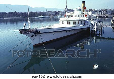 Stock Image - Paddle Steamer Moored at Quai Du Mont Blanc Geneva. Fotosearch