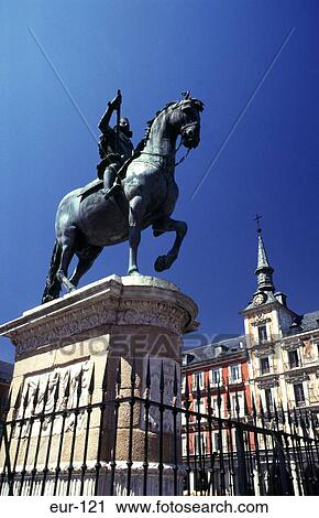 Stock Image - Statue of Man on Horseback Plaza Mayor Madrid Spain. Fotosearch