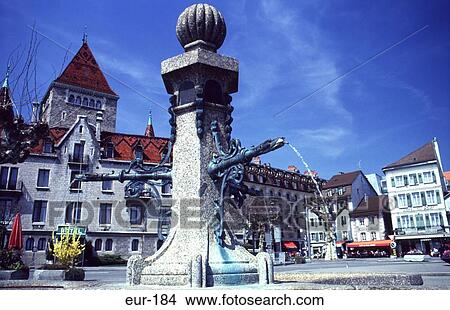 Picture - Water Fountain Place Du Port Lausanne Switzerland. Fotosearch