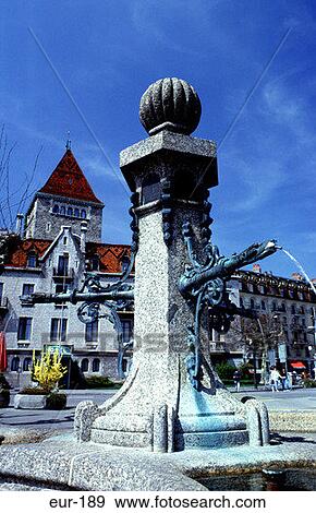 Water Fountain Place Du Port Lausanne Switzerland View Large Photo Image Stock Photo - Water Fountain Place Du Port Lausanne Switzerland. Fotosearch