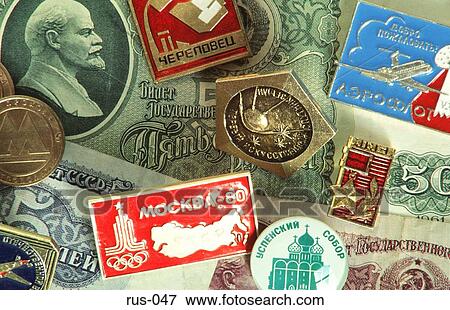 Russian Currency and Badges View Large Photo Image Stock Photo - Russian Currency and Badges. Fotosearch