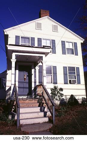 Stock Image - Facade of White Timber House New Hampshire. Fotosearch