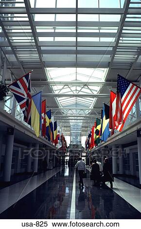 Stock Photography - Flags along Corridor O'Hare Airport Chicago. Fotosearch