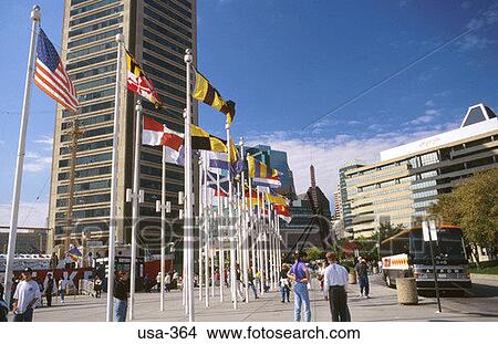 Picture - Flags outside World Trade Center Baltimore USA. Fotosearch