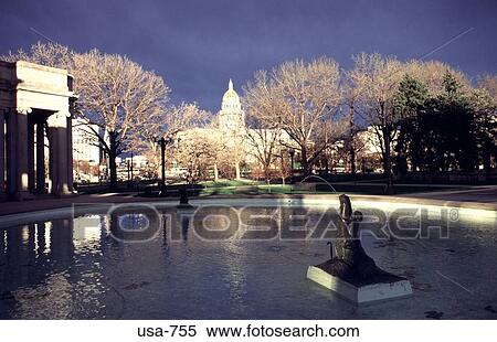 Stock Photography - Small Fountain with Capitol in Background Denver. Fotosearch